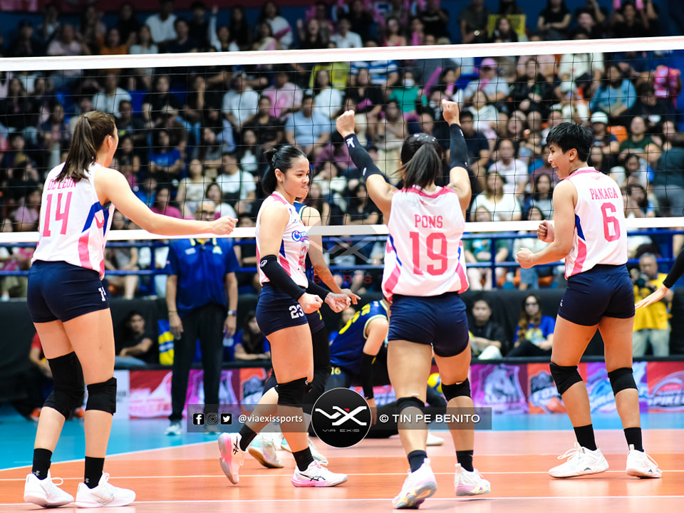 The Creamline Cool Smashers celebrate after getting a point against the Capital1 Solar Spikers / PVL All-Filipino Conference 02.21.26 / Photo by Tin Pe Benito